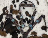 NEW! Showman ®  Large Pony/ Small Horse size Dark brown leather headstall and breast collar set with painted turquoise flower and turquoise stones. - Country Scene Saddlery and Pet Supplies