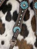 NEW! Showman ®  Large Pony/ Small Horse size Dark brown leather headstall and breast collar set with painted turquoise flower and turquoise stones. - Country Scene Saddlery and Pet Supplies