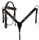NEW! Showman ®  Large Pony/ Small Horse size Dark brown leather headstall and breast collar set with painted turquoise flower and turquoise stones. - Country Scene Saddlery and Pet Supplies