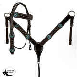 NEW! Showman ®  Large Pony/ Small Horse size Dark brown leather headstall and breast collar set with painted turquoise flower and turquoise stones. - Country Scene Saddlery and Pet Supplies