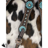 NEW! Showman ®  Large Pony/ Small Horse size Dark brown leather headstall and breast collar set with painted turquoise flower and turquoise stones. - Country Scene Saddlery and Pet Supplies