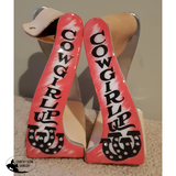 New! Showman ® Lightweight twisted angled aluminum stirrups with painted " Cowgirl Up" design. - Country Scene Saddlery and Pet Supplies