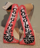 New! Showman ® Lightweight twisted angled aluminum stirrups with painted " Cowgirl Up" design. - Country Scene Saddlery and Pet Supplies
