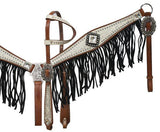 NEW! Showman ® Medium leather headstall and breast collar set with silver and white filigree overlay with black suede fringe. - Country Scene Saddlery and Pet Supplies