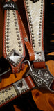 NEW! Showman ® Medium leather headstall and breast collar set with silver and white filigree overlay with black suede fringe. - Country Scene Saddlery and Pet Supplies