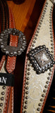 NEW! Showman ® Medium leather headstall and breast collar set with silver and white filigree overlay with black suede fringe. - Country Scene Saddlery and Pet Supplies