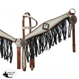 NEW! Showman ® Medium leather headstall and breast collar set with silver and white filigree overlay with black suede fringe. - Country Scene Saddlery and Pet Supplies
