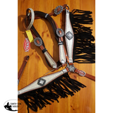 NEW! Showman ® Medium leather headstall and breast collar set with silver and white filigree overlay with black suede fringe. - Country Scene Saddlery and Pet Supplies