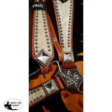 NEW! Showman ® Medium leather headstall and breast collar set with silver and white filigree overlay with black suede fringe. - Country Scene Saddlery and Pet Supplies