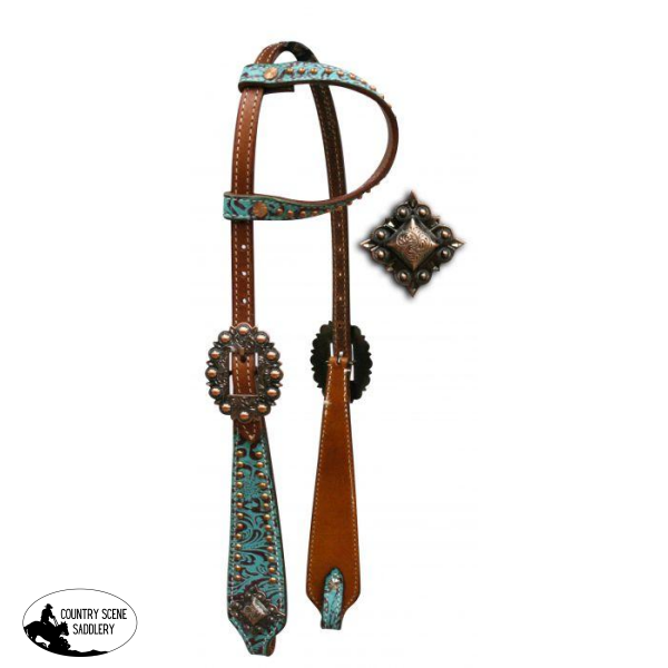 New! Showman ® One Ear Headstall With Teal And Brown Filigree Print.