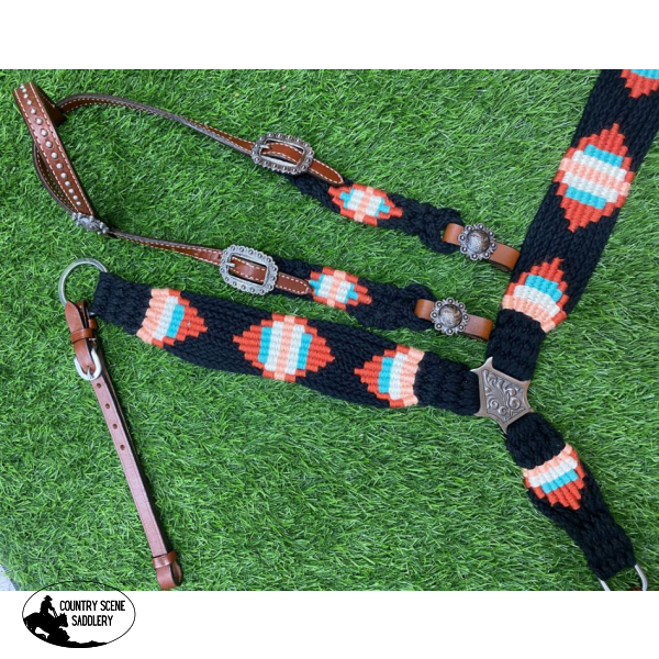 Showman ® Pony Size Corded One Ear Headstall And Breast Collar Set - Black/Red Western Tack Sets