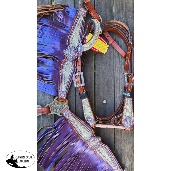 Showman ® Pony Size Headstall And Breast Collar Set With Holographic Snake Print Metallic Color