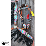 NEW! Showman ® Pony Size Pyschedelic Tie Dye browband headstall and breast collar set with black suede leather fringe. - Country Scene Saddlery and Pet Supplies