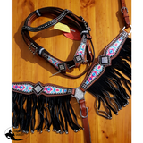 NEW! Showman ® Pony Size Pyschedelic Tie Dye browband headstall and breast collar set with black suede leather fringe. - Country Scene Saddlery and Pet Supplies