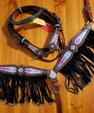 NEW! Showman ® Pony Size Pyschedelic Tie Dye browband headstall and breast collar set with black suede leather fringe. - Country Scene Saddlery and Pet Supplies
