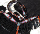 NEW! Showman ® Pony Size Pyschedelic Tie Dye browband headstall and breast collar set with black suede leather fringe. - Country Scene Saddlery and Pet Supplies