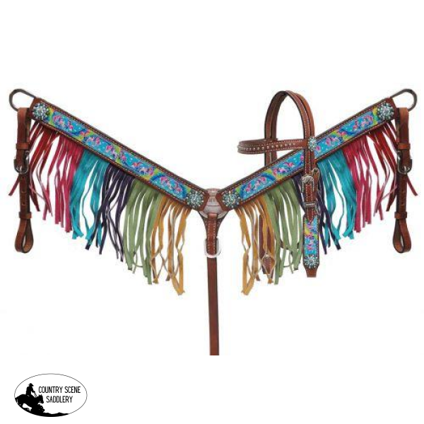 New! ~ Showman ® Pony Size Rainbow Pony Headstall And Breast Collar Set.