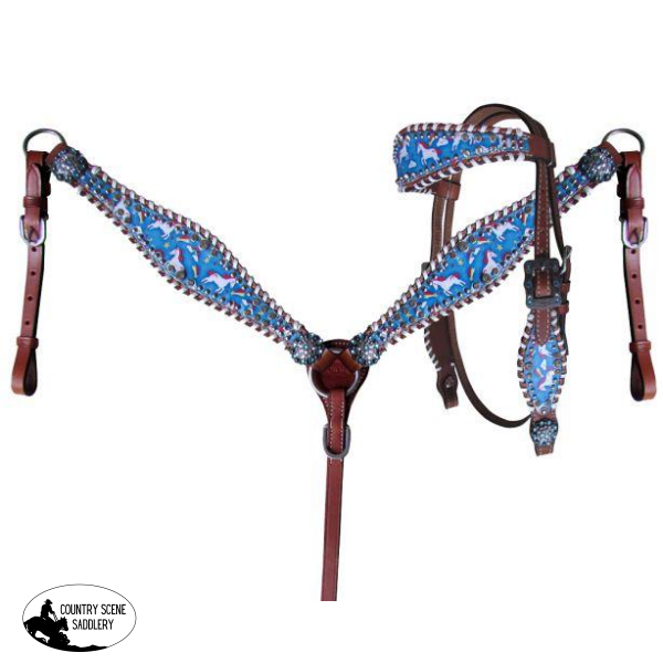 New! Showman ® Pony Size Rainbow Unicorn Print Headstall And Breast Collar Set.