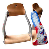 Showman ® Pony/Youth polished aluminum stirrup with red, white, and blue unicorn overlay. - Country Scene Saddlery and Pet Supplies