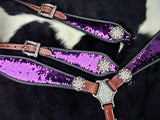 Showman ® Purple and Silver Sequins Inlay Single Ear Headstall and Breast Collar Set. - Country Scene Saddlery and Pet Supplies