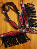 NEW! Showman ® Red and Gold Sequins Inlay Single Ear Headstall and Breast Collar Set with black suede leather fringe. - Country Scene Saddlery and Pet Supplies