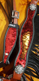 NEW! Showman ® Red and Gold Sequins Inlay Single Ear Headstall and Breast Collar Set with black suede leather fringe. - Country Scene Saddlery and Pet Supplies