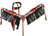 NEW! Showman ® Red and Gold Sequins Inlay Single Ear Headstall and Breast Collar Set with black suede leather fringe. - Country Scene Saddlery and Pet Supplies