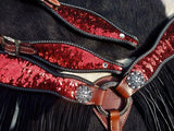 NEW! Showman ® Red and Gold Sequins Inlay Single Ear Headstall and Breast Collar Set with black suede leather fringe. - Country Scene Saddlery and Pet Supplies