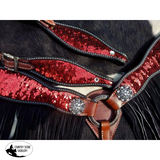 NEW! Showman ® Red and Gold Sequins Inlay Single Ear Headstall and Breast Collar Set with black suede leather fringe. - Country Scene Saddlery and Pet Supplies