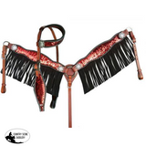 NEW! Showman ® Red and Gold Sequins Inlay Single Ear Headstall and Breast Collar Set with black suede leather fringe. - Country Scene Saddlery and Pet Supplies