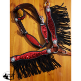NEW! Showman ® Red and Gold Sequins Inlay Single Ear Headstall and Breast Collar Set with black suede leather fringe. - Country Scene Saddlery and Pet Supplies