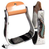 New! Showman ® Silver Engraved Stirrups with copper and teal feather concho. - Country Scene Saddlery and Pet Supplies