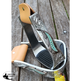 New! Showman ® Silver Engraved Stirrups with copper and teal feather concho. - Country Scene Saddlery and Pet Supplies