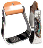 New! Showman ® Silver Engraved Stirrups with copper and teal feather concho. - Country Scene Saddlery and Pet Supplies