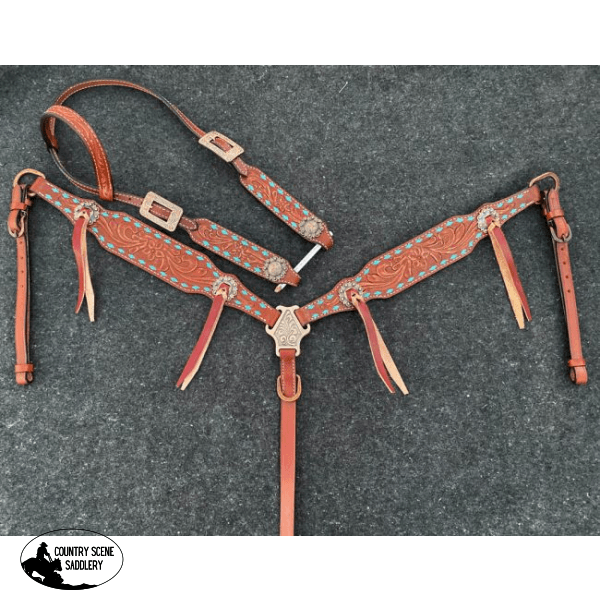 Showman ® Single Ear Headstall And Breast Collar Set With Teal Buck Stitch Trim. Western Style