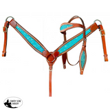 Showman® Teal Acid Wash Cowhide Inlay One Ear Headstall And Breast Collar Set. #western Bridles