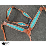 Showman® Teal Acid Wash Cowhide Inlay One Ear Headstall And Breast Collar Set. #western Bridles