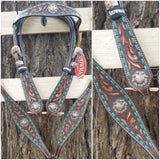 Showman ® Teal buck stitched headstall and breast collar set with engraved bronze conchos. - Country Scene Saddlery and Pet Supplies