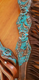 NEW! Showman ® Turquoise and Brown Floral Tooled browband headstall and breast collar set. - Country Scene Saddlery and Pet Supplies