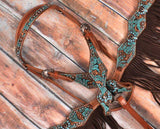 NEW! Showman ® Turquoise and Brown Floral Tooled browband headstall and breast collar set. - Country Scene Saddlery and Pet Supplies