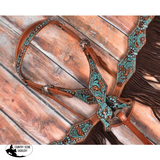 NEW! Showman ® Turquoise and Brown Floral Tooled browband headstall and breast collar set. - Country Scene Saddlery and Pet Supplies