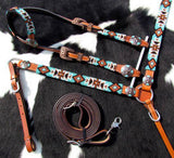 Showman ® Turquoise and Orange Beaded Aztec Headstall and Breastcollar Set. - Country Scene Saddlery and Pet Supplies