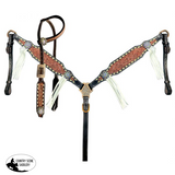 Showman ® Two-Tone Tooled Single Ear Headstall And Breast Collar Set Rawhide Braided Sets