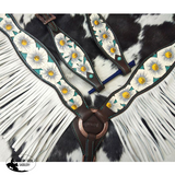 NEW! Showman ® White poppy painted flower with teal inlay one ear headstall and breast collar set with fringe. - Country Scene Saddlery and Pet Supplies