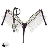 NEW! Showman ® White poppy painted flower with teal inlay one ear headstall and breast collar set with fringe. - Country Scene Saddlery and Pet Supplies