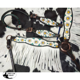 NEW! Showman ® White poppy painted flower with teal inlay one ear headstall and breast collar set with fringe. - Country Scene Saddlery and Pet Supplies