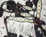 NEW! Showman ® White poppy painted flower with teal inlay one ear headstall and breast collar set with fringe. - Country Scene Saddlery and Pet Supplies