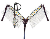 NEW! Showman ® White poppy painted flower with teal inlay one ear headstall and breast collar set with fringe. - Country Scene Saddlery and Pet Supplies