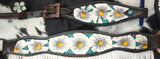 NEW! Showman ® White poppy painted flower with teal inlay one ear headstall and breast collar set with fringe. - Country Scene Saddlery and Pet Supplies
