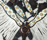 NEW! Showman ® White poppy painted flower with teal inlay one ear headstall and breast collar set with fringe. - Country Scene Saddlery and Pet Supplies